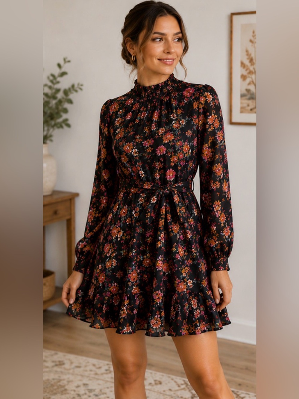 79 Ophelia Roe Black Floral Smocked Neck Long Sleeve Dress Small Boho Fall